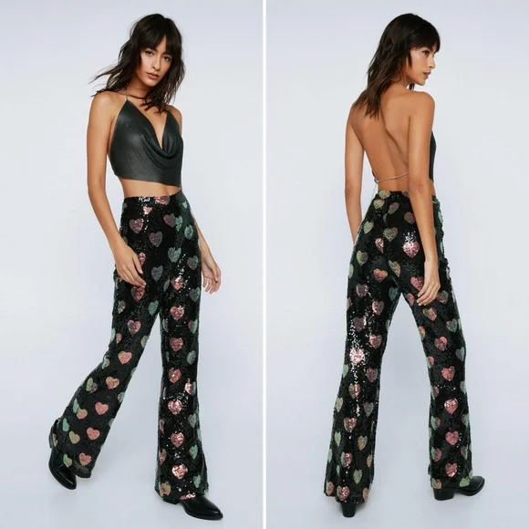Nasty Gal Heart Sequin Wide Leg Pants 4 - Picture 2 of 8